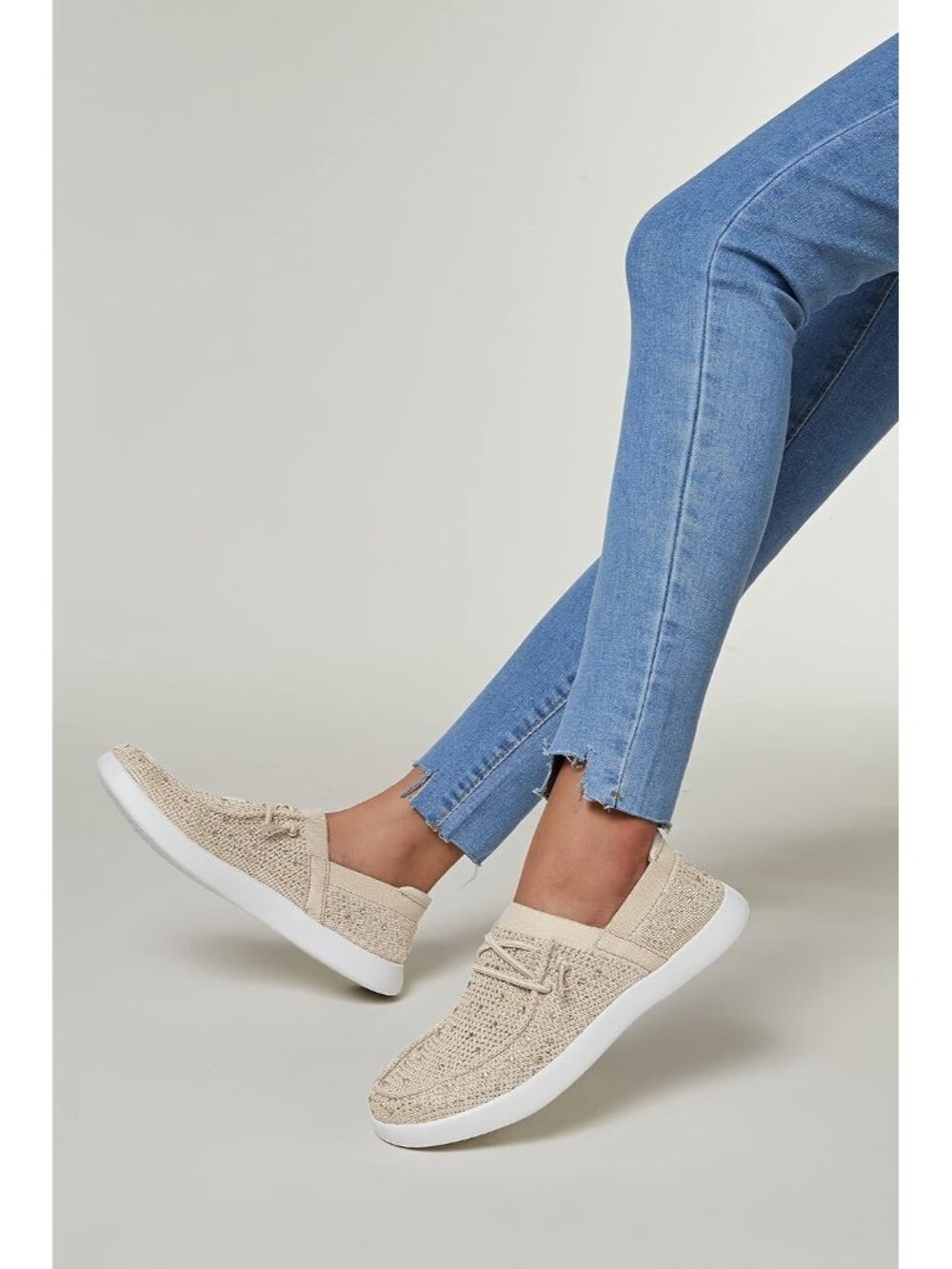 Women's Beige Knit Comfortable Rhinestone Lace Up Loafers Fashion Sneakers - Picture 2 of 7